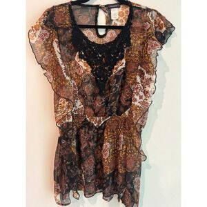 Cocomo Y2K Sheer Paisley Print Boho Butterfly Sleeve Retro Babydoll Top L